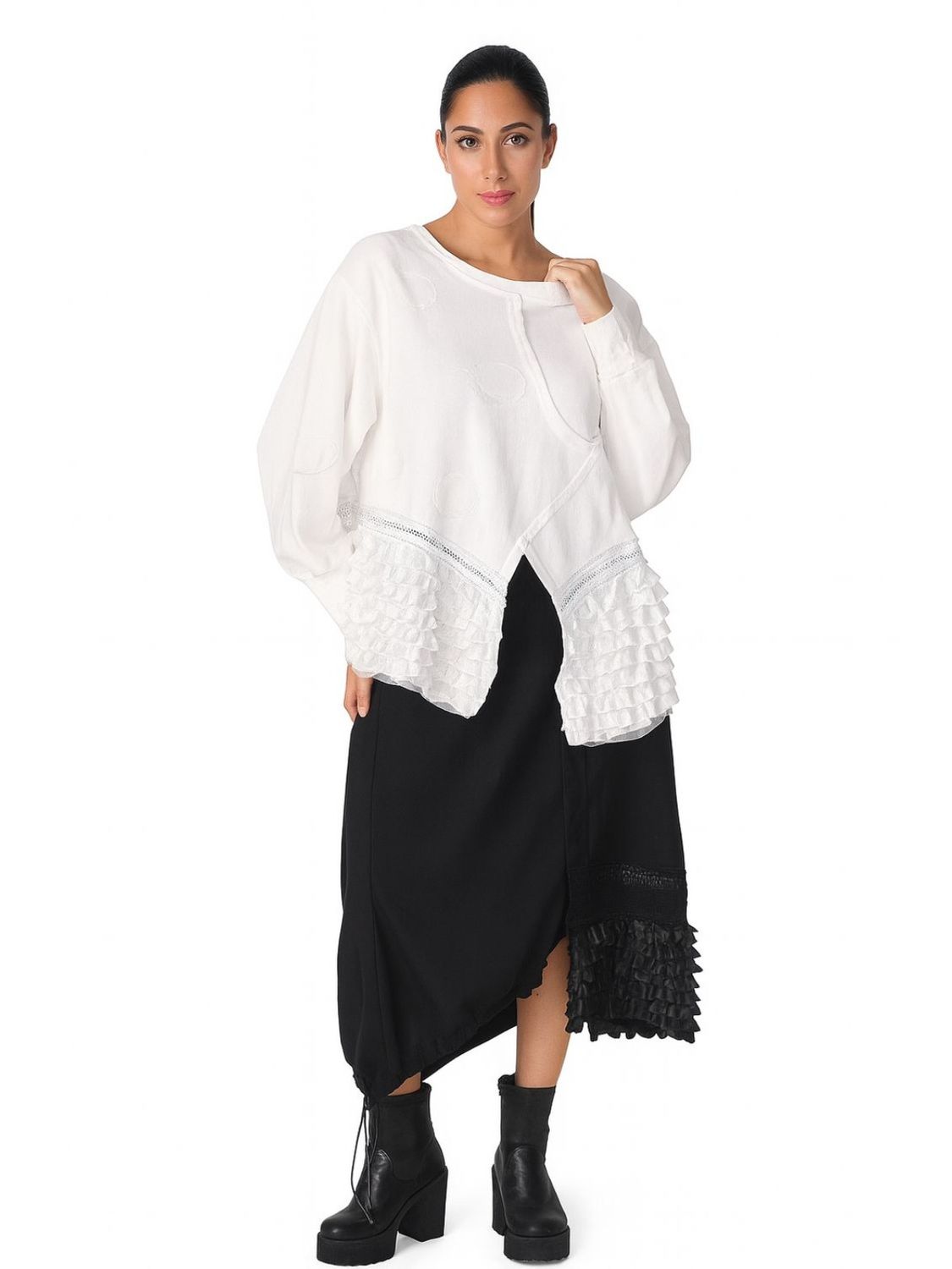 Asymmetrical Ruffle Hem Long Sleeves Blouse