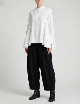 White Ruffle Panel Button-Down Blouse