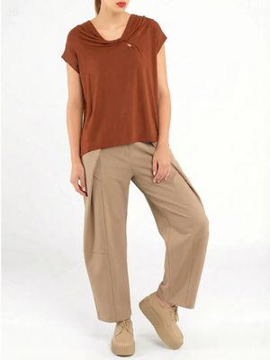 Brown Draped Neckline Short-Sleeve Top