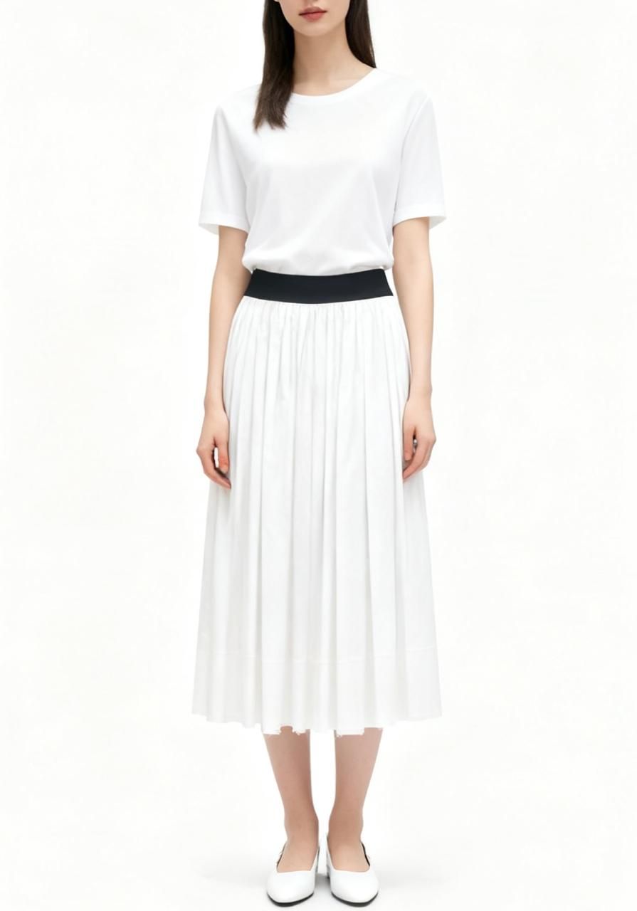 White Pleated Midi Skirt with Black Contrast Waistband