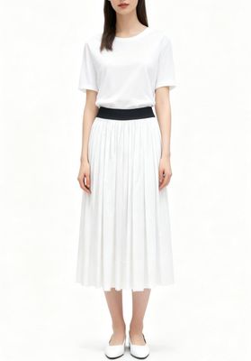 White Pleated Midi Skirt with Black Contrast Waistband