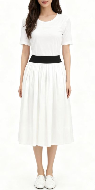 White Gathered Midi Skirt with Black Waistband