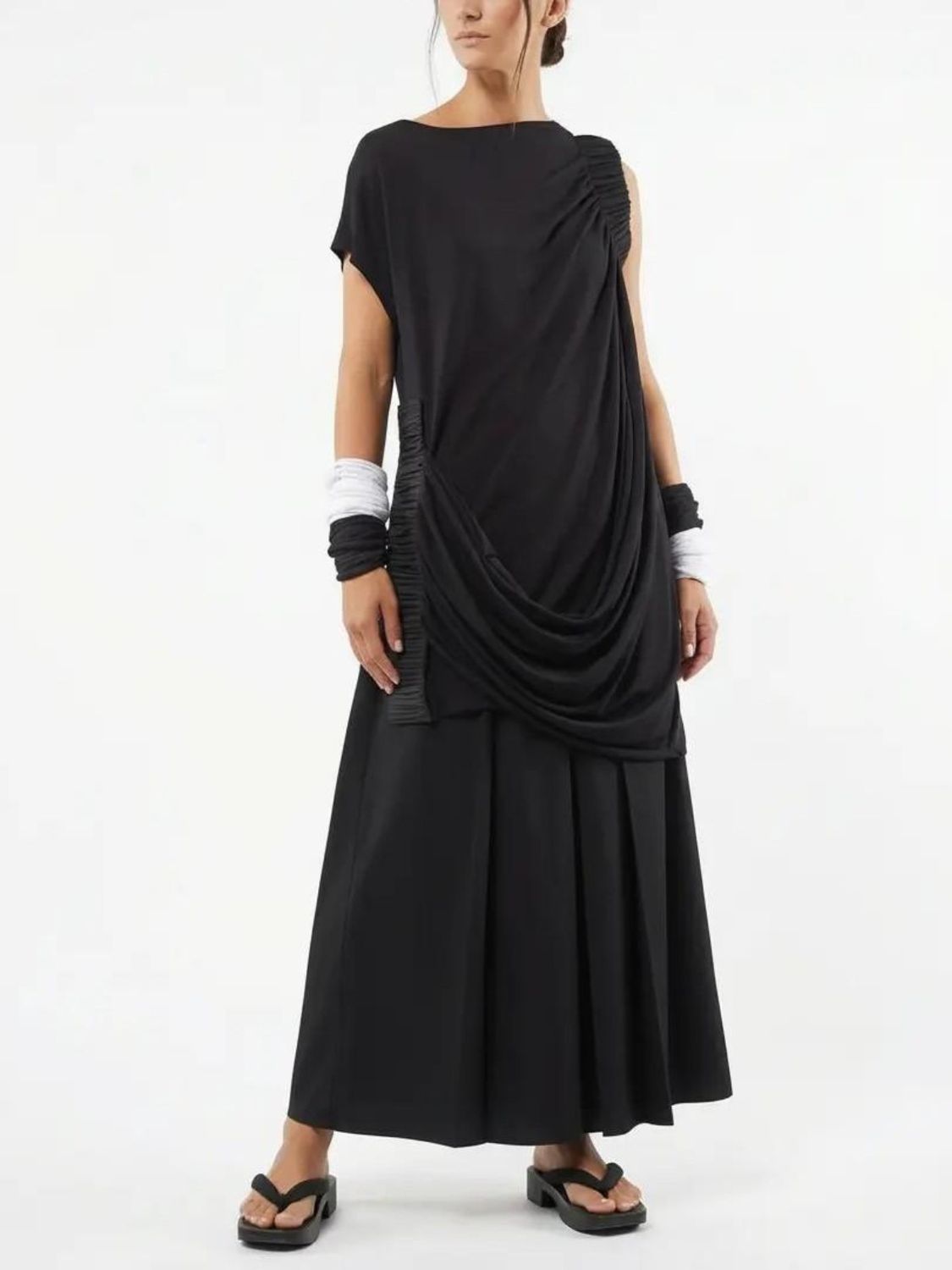 Black Asymmetrical Tunic Top with Ruched Shoulder