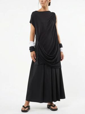 Black Asymmetrical Tunic Top with Ruched Shoulder