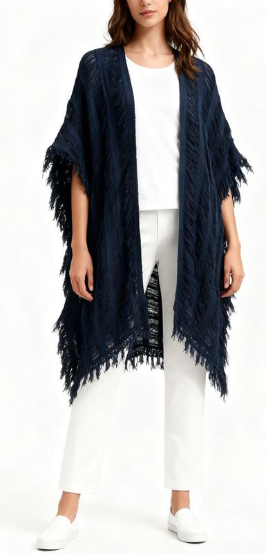Navy Textured Fringed Kaftan
