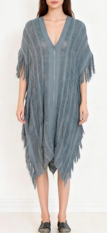 Textured Grey Fringed Kaftan