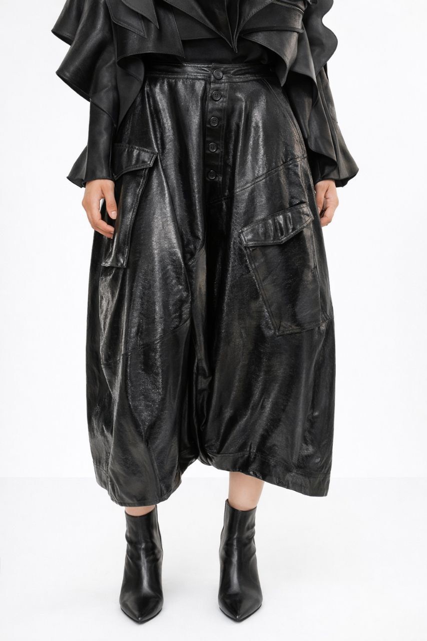 Shiny Black Cargo Skirt