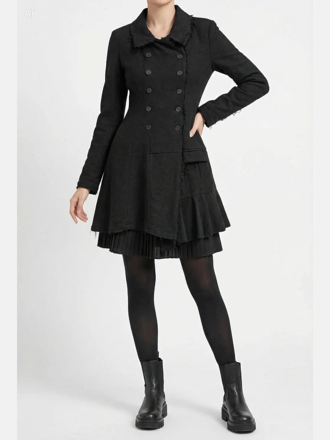 Asymmetric Double-Breasted Black Coat