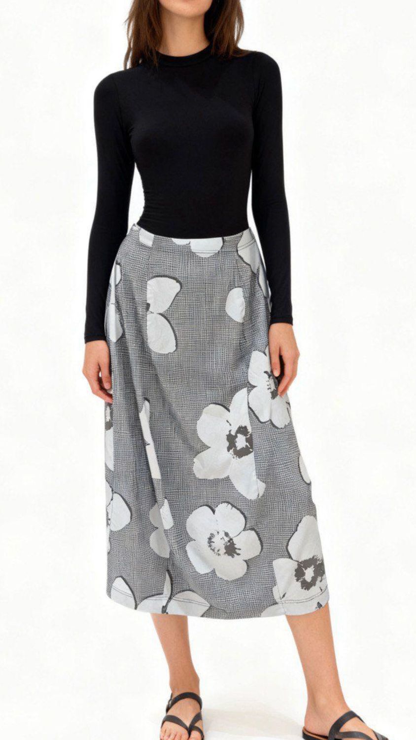 Floral Panel Dark Grey Midi Banana Skirt