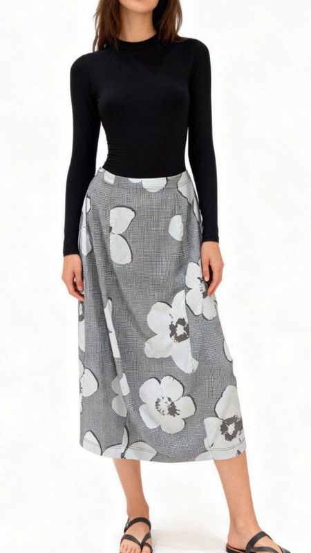 Floral Panel Dark Grey Midi Banana Skirt