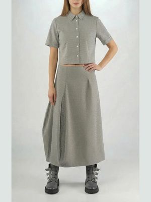 Checked Panel Structured A-Line Midi Skirt