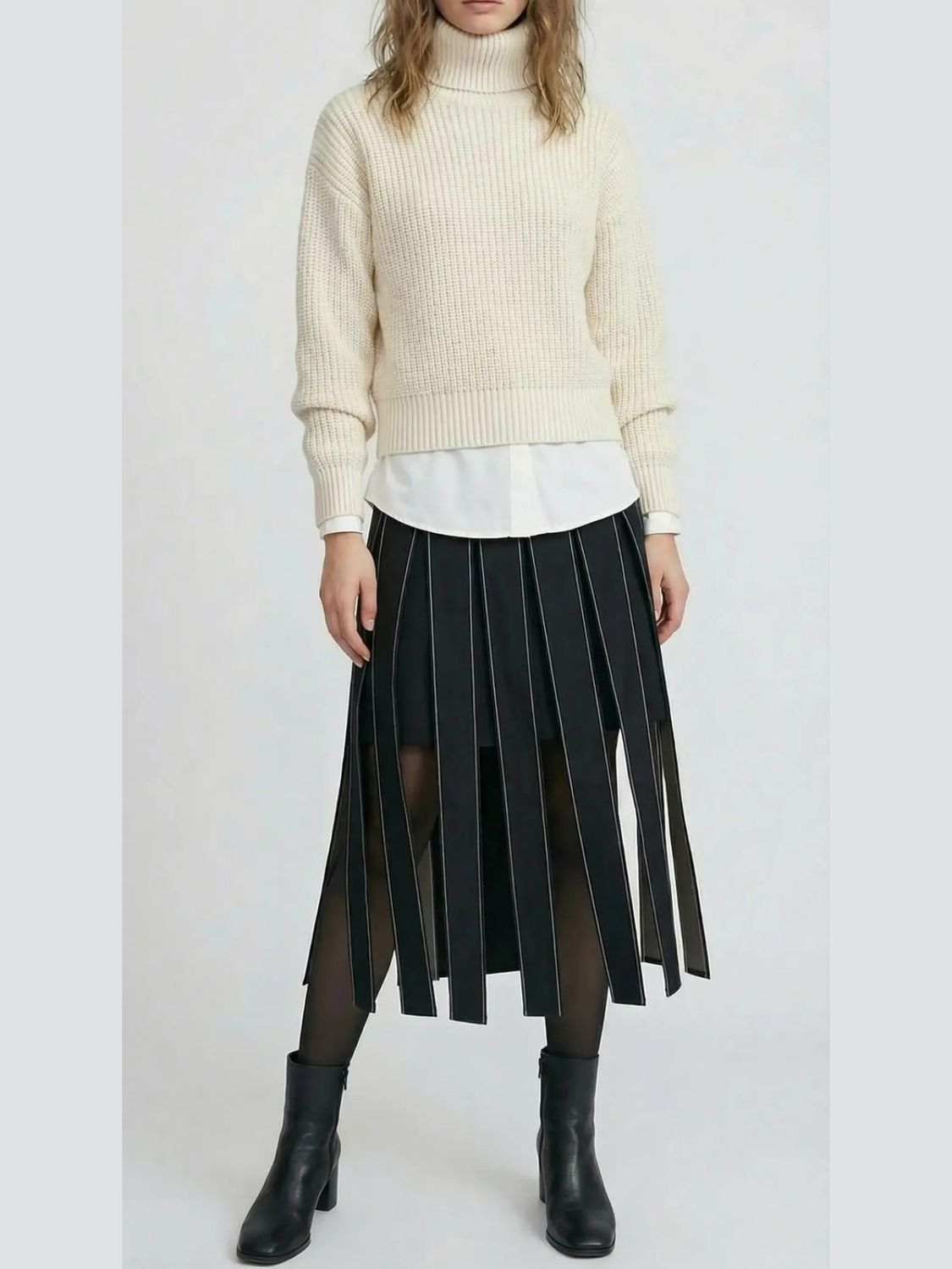 Black Panelled Pleat Skirt with Contrast Stitching