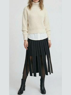 Black Panelled Pleat Skirt with Contrast Stitching