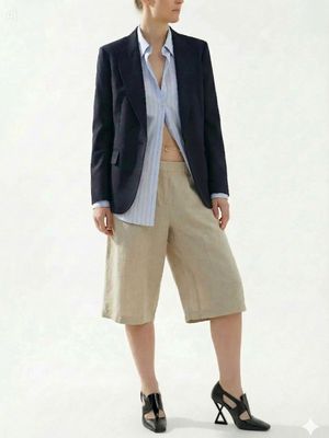 Beige Textured Linen Drawstring Shorts