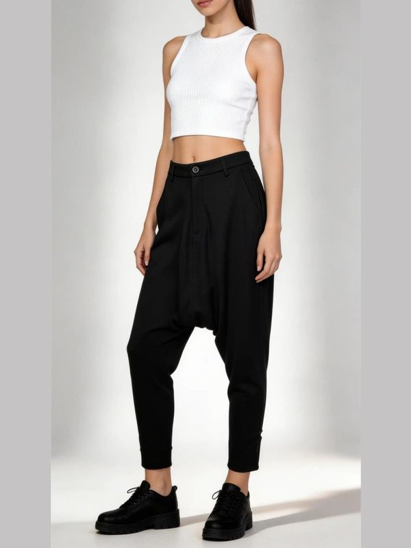Black Tapered Drop-Crotch Trousers