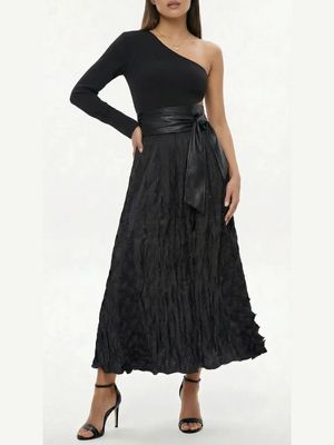 Black Textured Maxi Skirt – Architectural Crinkle Design