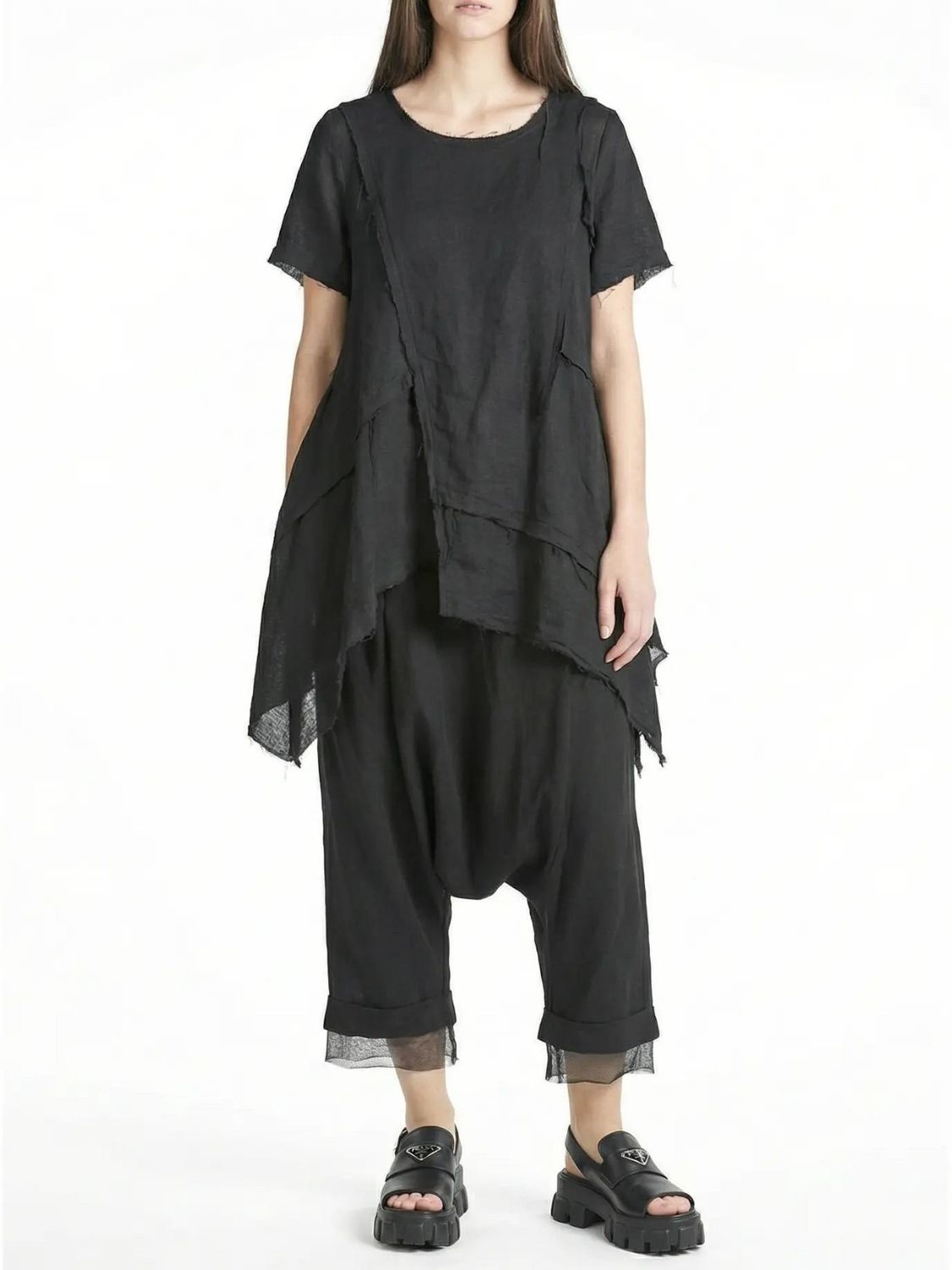 Avant-Garde Dropped Crotch Tulle-Trim Harem Pants
