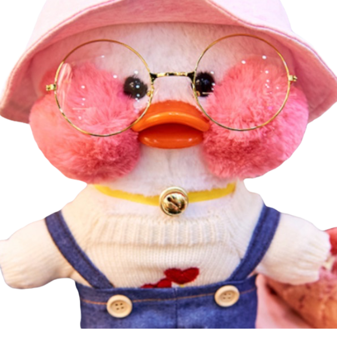 Paper Duck knuffel - Paper Duck - Lalafanfan - Paperduck - Knuffel Eend -  30cm - met hoedje, hart-truitje en Spijkertuinbroek.