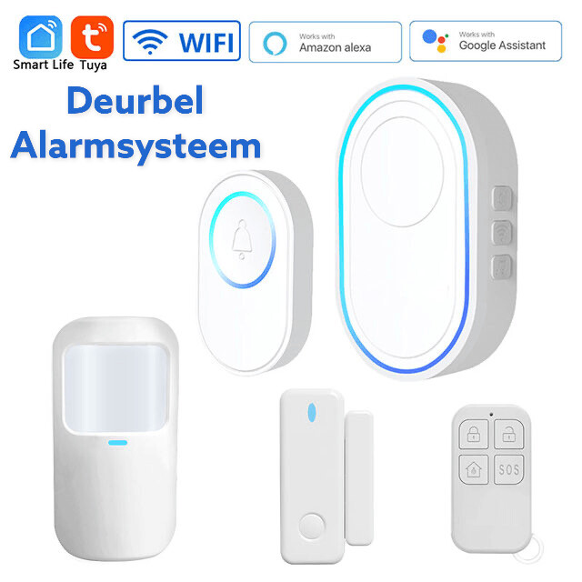 WiFi Deurbel Starter Alarm Set, Tuya Alarm Intelligente Draadloze Deurbel Met LED 58 Ringtones volledige bediening via app, Deur/raam magneet, PIR detector een afstandsbediening.