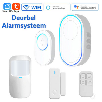 WiFi Deurbel Starter Alarm Set, Tuya Alarm Intelligente Draadloze Deurbel Met LED 58 Ringtones volledige bediening via de Tuya app, Deur/raam magneet, PIR infrarood detector en een afstandsbediening.