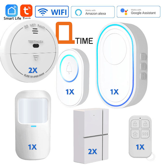 Complete WiFi Deurbel Rookmelder Alarm Set, Tuya Alarm Intelligente Draadloze Deurbel Met LED 58 Ringtones volledige bediening via de Tuya app, 2X Deur/raam magneet, 2X Rookmelder, PIR infrarood detec Complete WiFi Deurbel Rookmelder Alarm Set, Tuya Alarm Intelligente Draadloze Deurbel Met LED 58 Ringtones volledige bediening via de Tuya app, 2X Deur/raam magneet, 2X Rookmelder, PIR infrarood detec