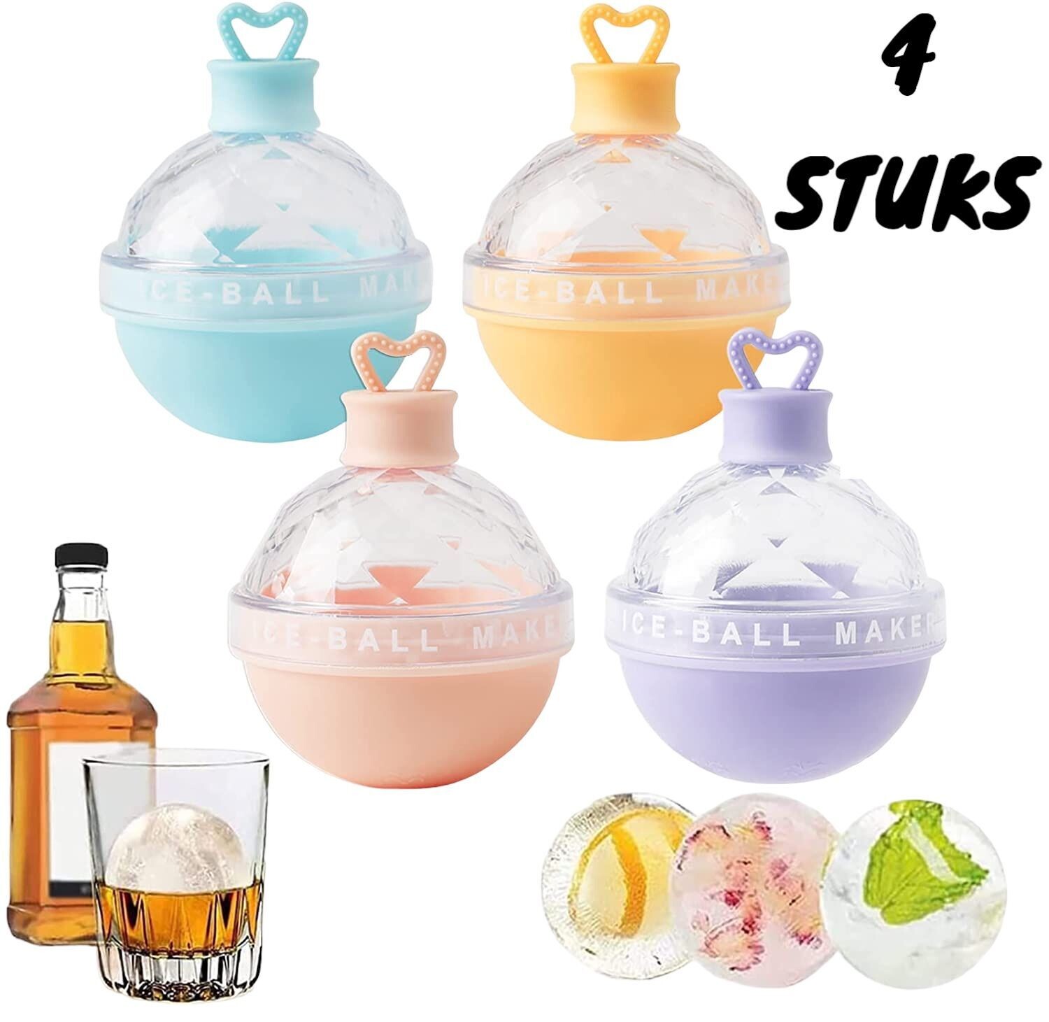 4 Pack Ijsbal Mal, Ball Ice Cube Mold, Whiskey Ice Mold, 7cm doorsnede ijsblokjesvormen ijsbalmaker maakt grote ijsballen voor whisky, cocktails of gewoon frisdrank - Makkelijk los te maken - BPA vrij