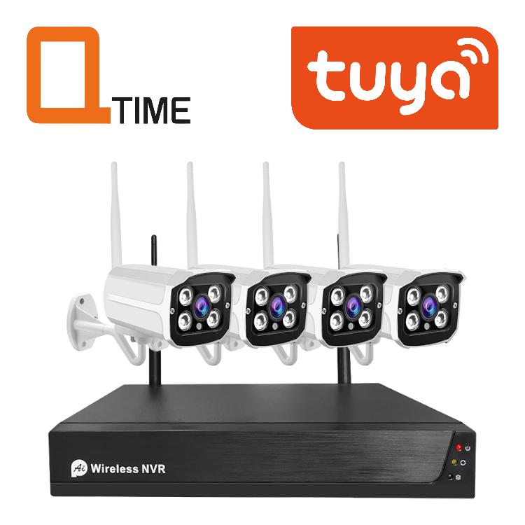 TUYA Wi-Fi camera set met 4 ip-camera's 2.0MP met 8 kanaals NVR incl. 500gb hdd draadloos met bediening via APP en werkt ook met Google en Amazon Alexa.