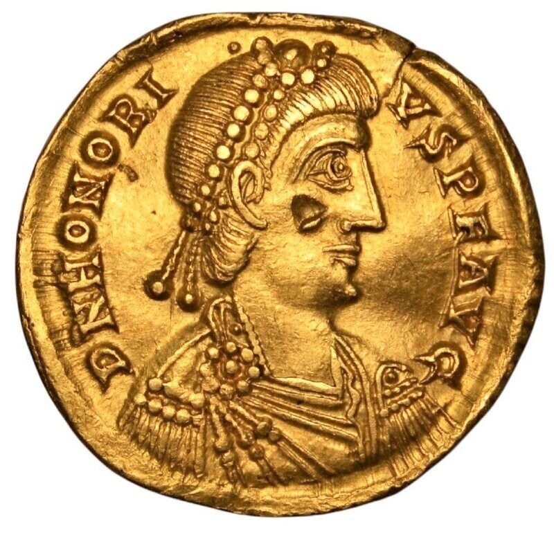 ROMAN EMPIRE - AV GOLD SOLIDUS, HONORIUS (AD 393-423) RACENNA MINT