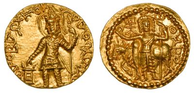 Kushan Empire: Vasu Deva I, circa 191-230 AD, AV dinar. Mint: Baktria (balkh).
