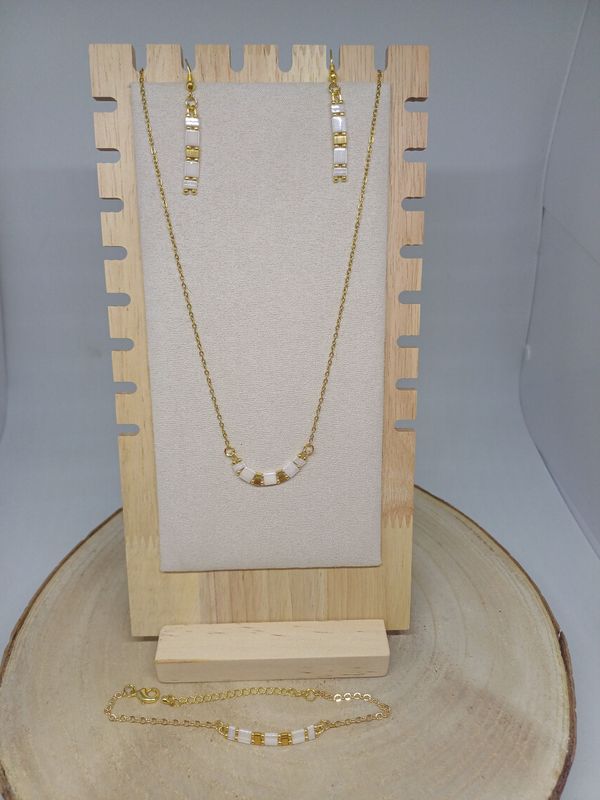 Parure perles miyuki tila blanches et dorées