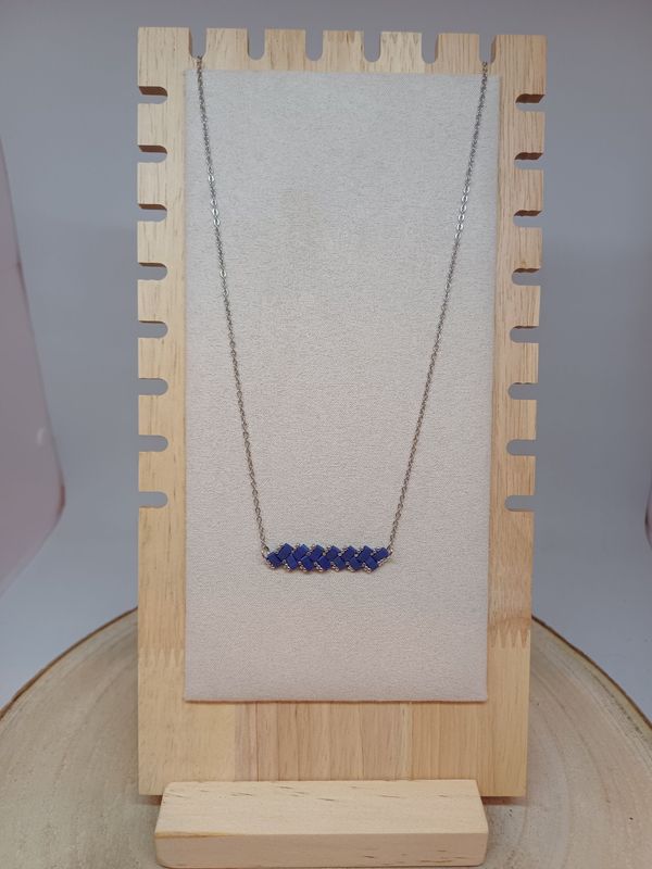 Collier perles bleues irisées et argentées 45
