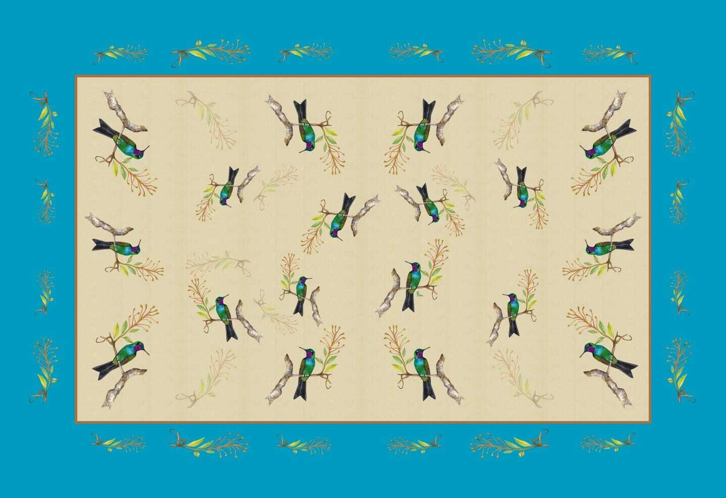 Turquoise-Beige Hummingbird scarf