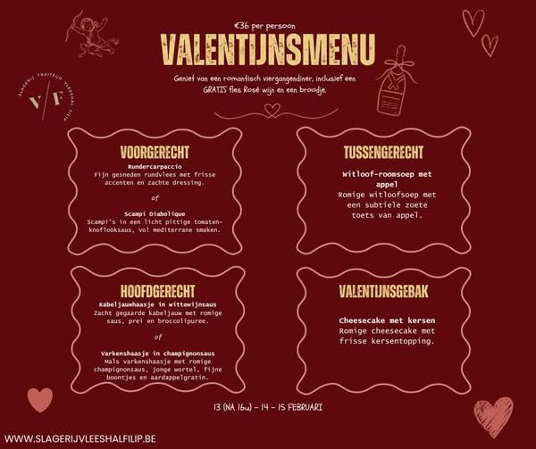 Enkel vrijdag 13 (vanaf 16u), zaterdag 14 en zondag 15 februari Valentijnsmenu met rundscarpaccio en varkenshaasje (+ gratis fles rosé)