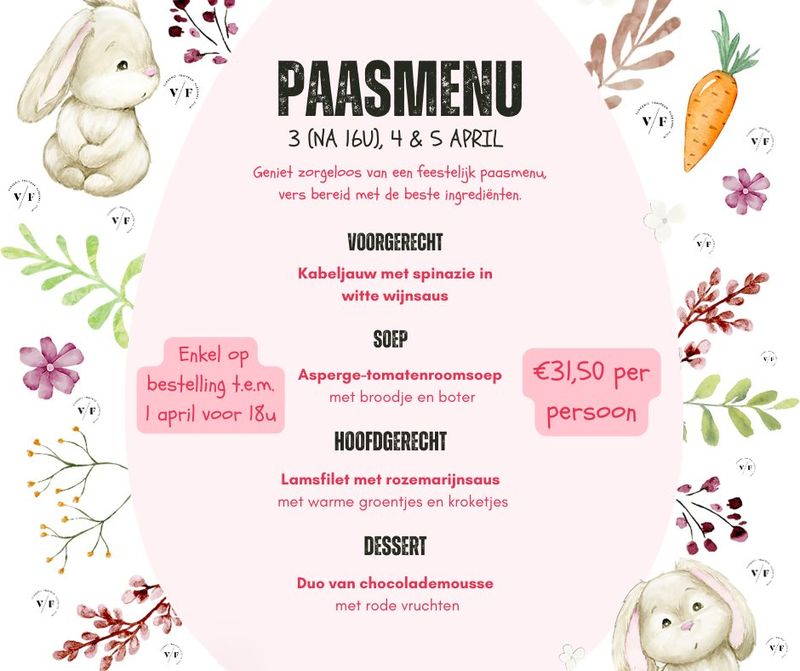 Paasmenu 2026 !! ENKEL OP Vrijdag 3 (na 16u) zaterdag 4 en zondag 5 april !!