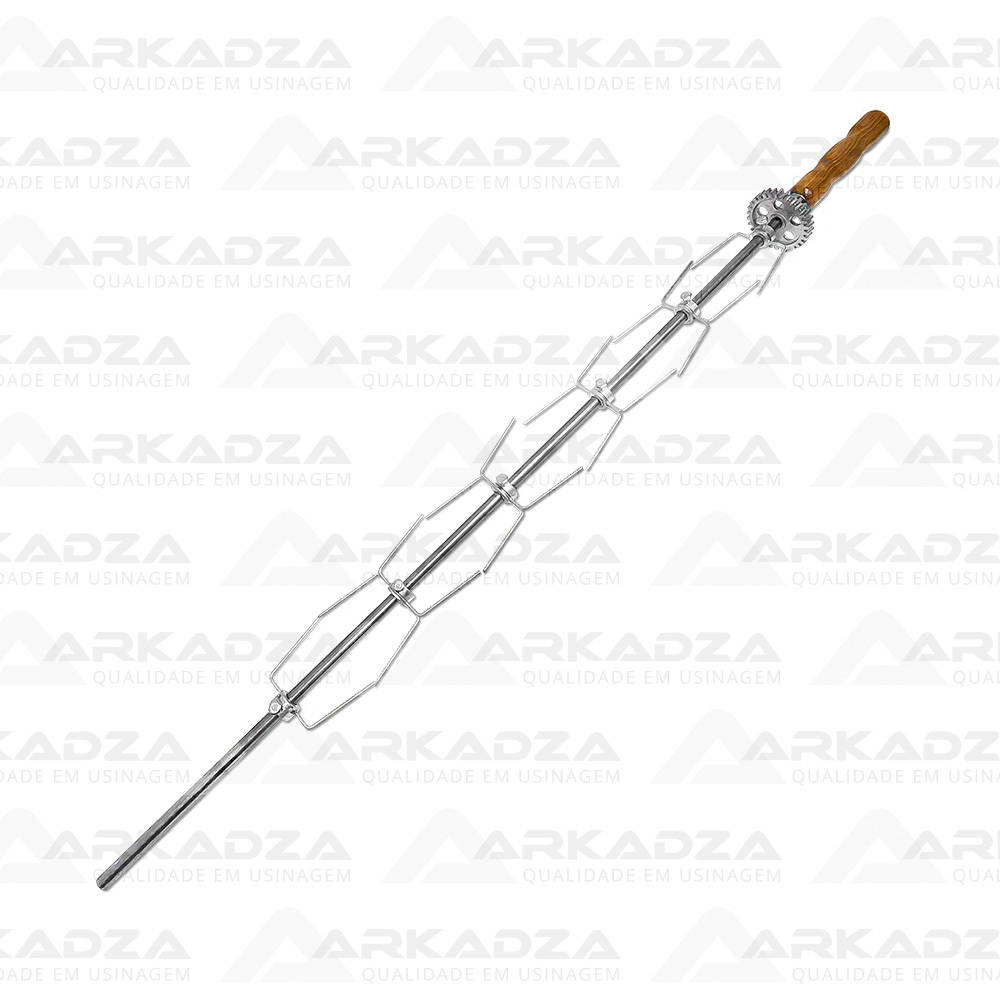 B7 Cód. 117 - Espeto/Varão Aço Carbono c/ Cabo Madeira Ø1/2&quot; x 1.120mm Completo c/ Engrenagem Ø 76mm(Consultar entrega antes de finalizar o pedido)