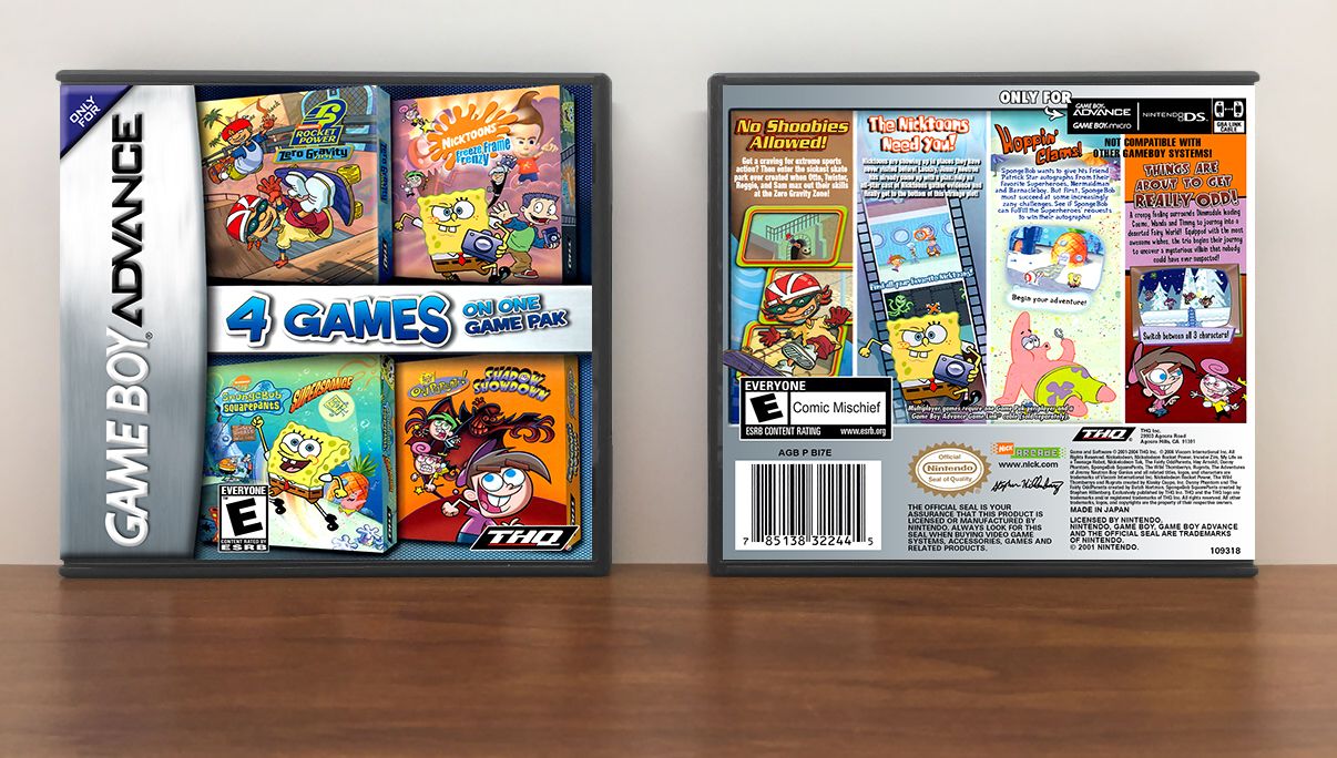 4 Games on One Game Pak: SpongeBob SquarePants: SuperSponge / Nicktoons: Freeze Frame Frenzy / Fairly Oddparents: Shadow Showdown / Rocket Power: Zero Gravity Zone, Artwork Spine Color: Chrome
