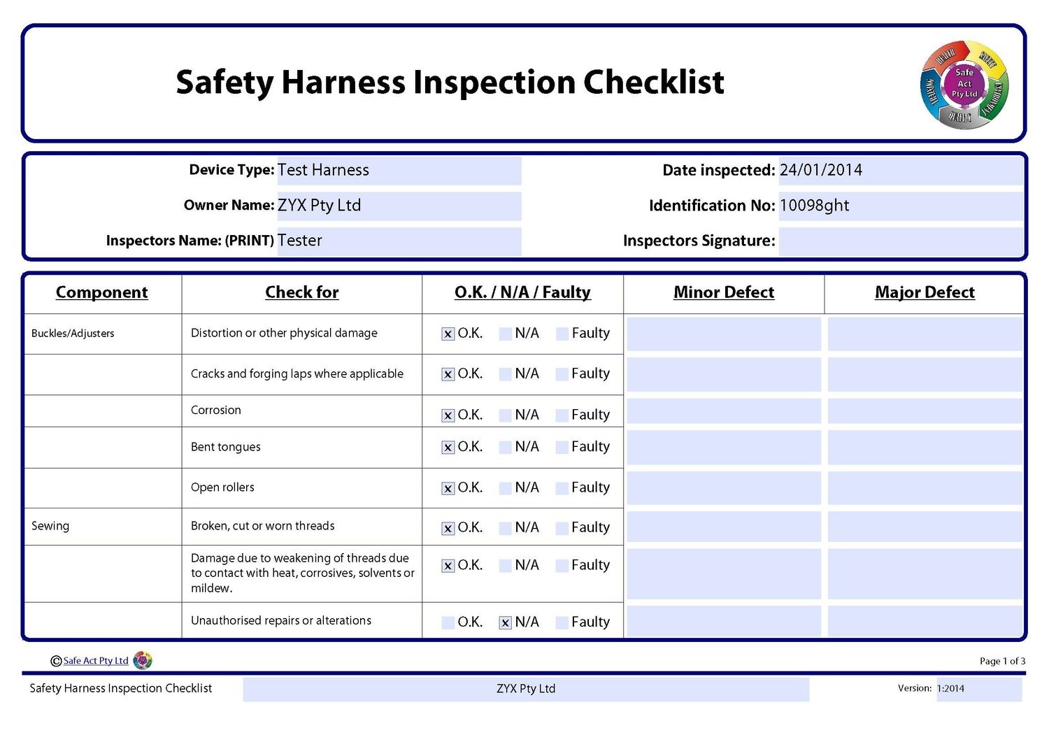 Safety Harness Inspection Checklist