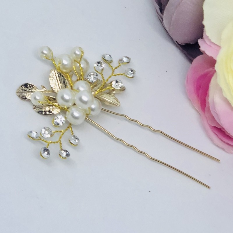 GISELLE - Gold Leaf &amp; Pearl Bling Bridal Hair Pin