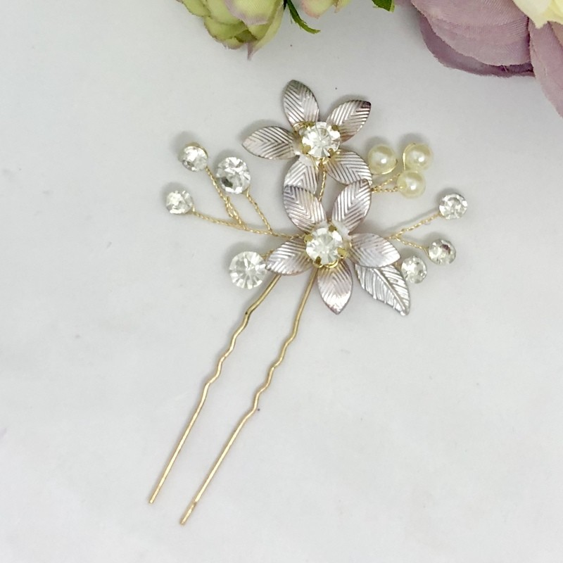 LAYLA - Gold Leaf &amp; Pearl Bling Bridal Hair Pin