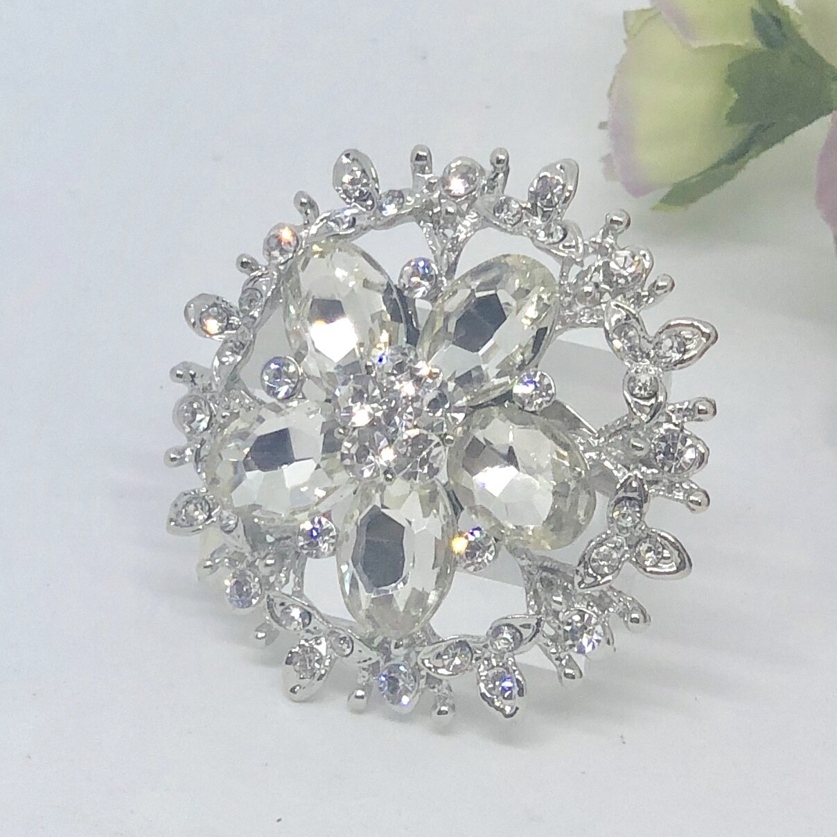 YVETTE - Silver Flower Crystal Brooch