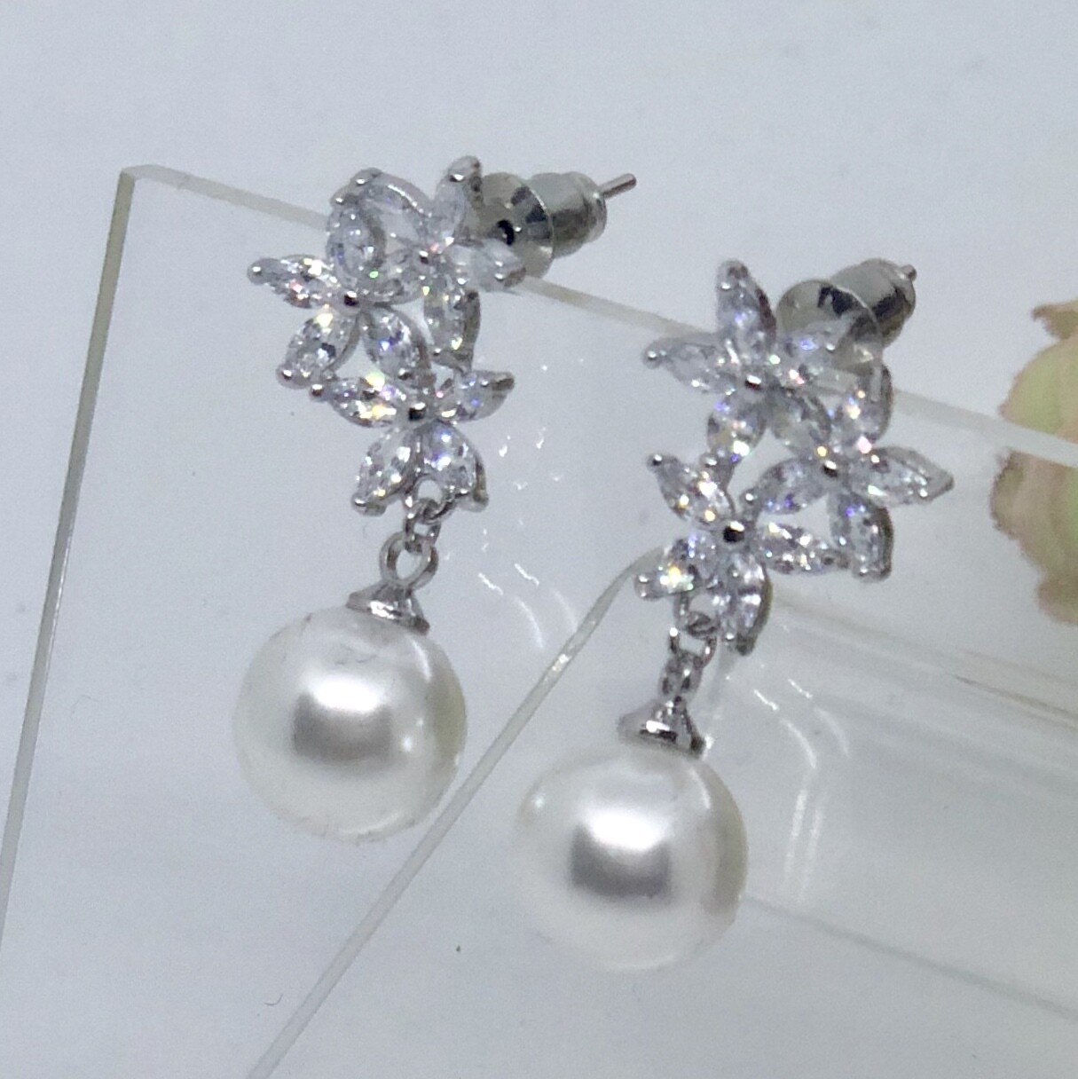 AMANDA- Silver Pierced Pearl Drop Bridal Wedding Earrings