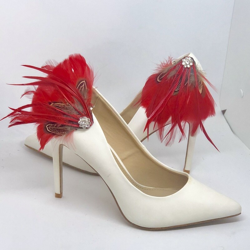 RAE - Red Feathered Bridal Shoe Clips