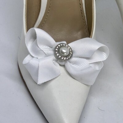 BRANDI - White Ribbon Bow Bridal Shoe Clip
