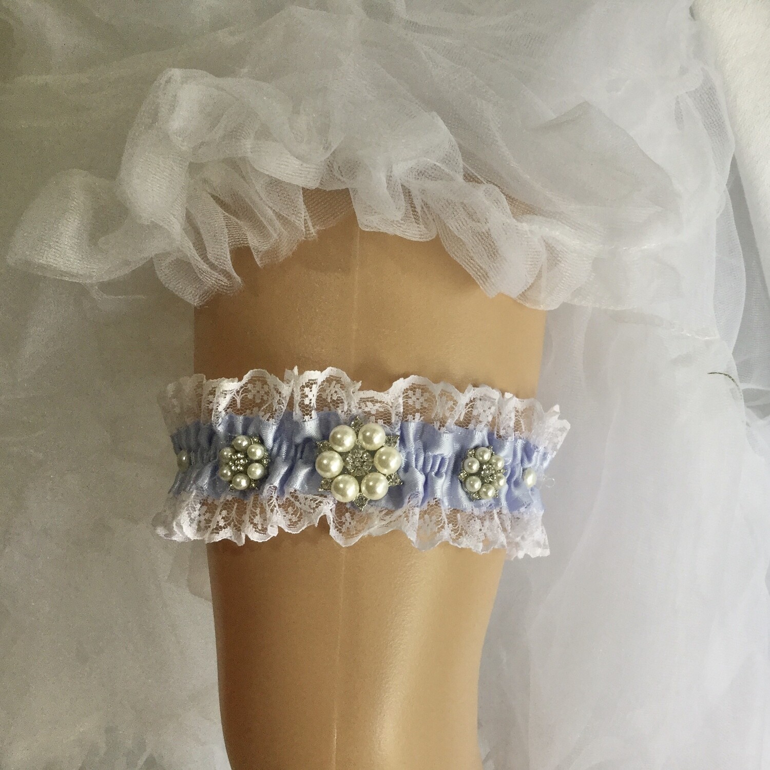 KATRINA - Blue Garter and Pearl Bling Bridal Garter