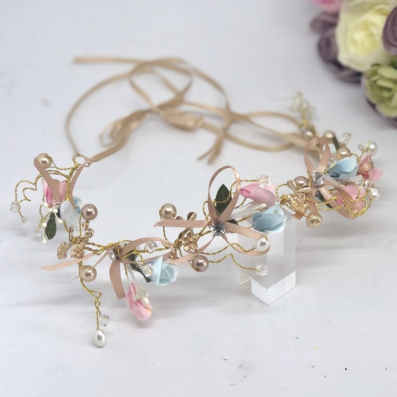 DELILAH - Pink and Gold Ribbon Flower Crown