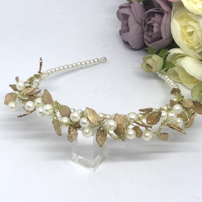 LAINEY - Gold Leaf &amp; Pearl Bridal Wedding Headband