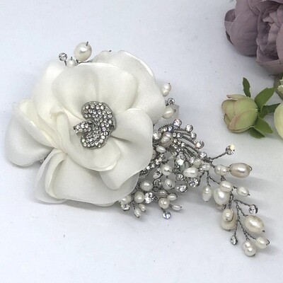 MIRIAM - Ivory Fabric Flower Crystals & Pearls Hair Piece