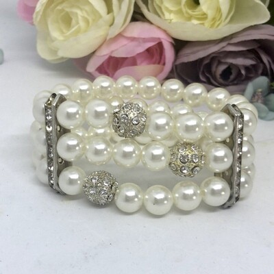 OLEANDER - Silver Crystal and Pearl Wedding Bridal Bracelet