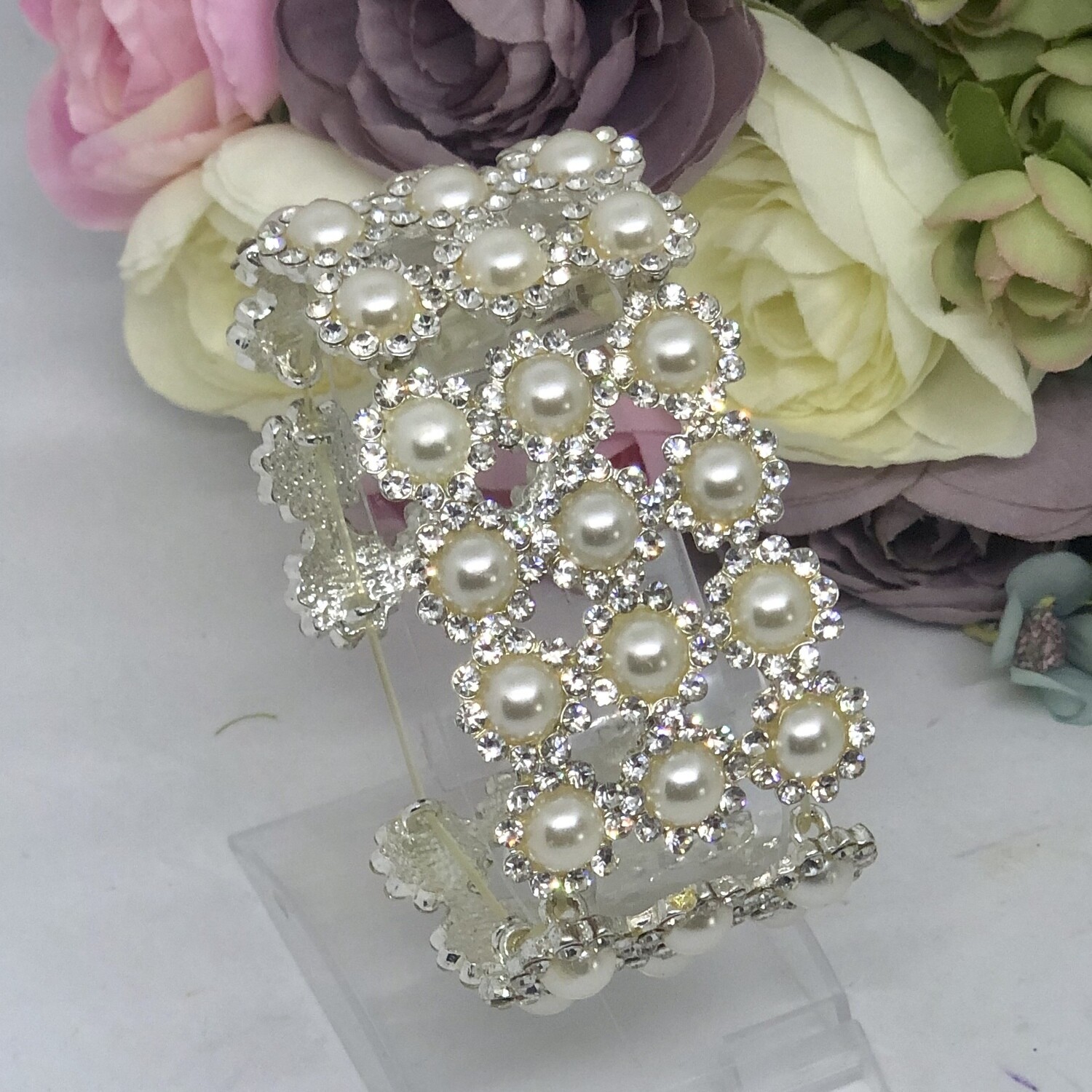 JACEE - Silver Crystal and Pearl Wedding Bridal Bracelet