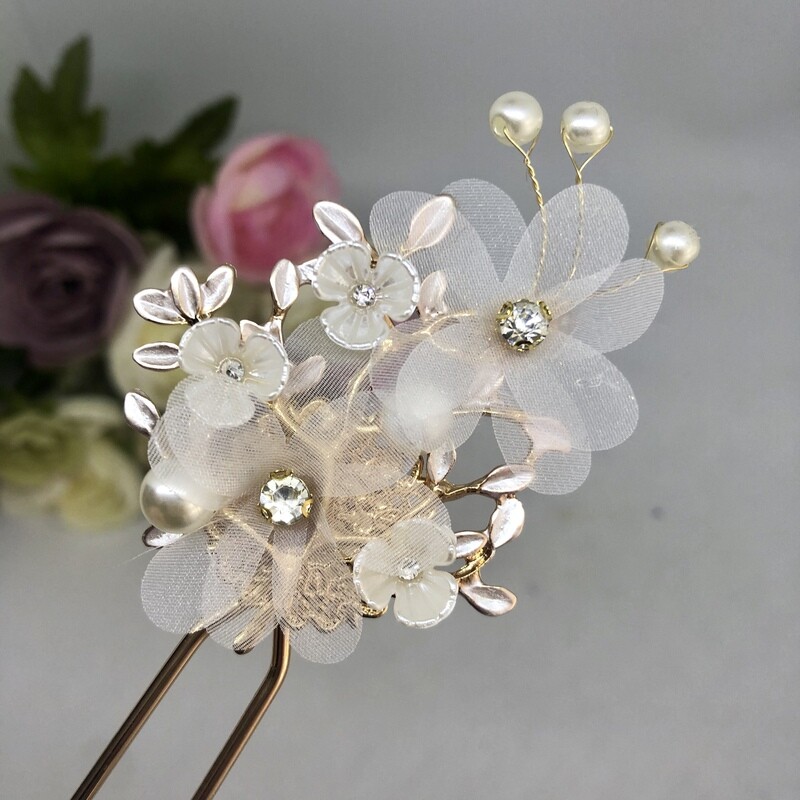 NIKI - Gold &amp; Pearl Bling Flower Bridal Hair Pins